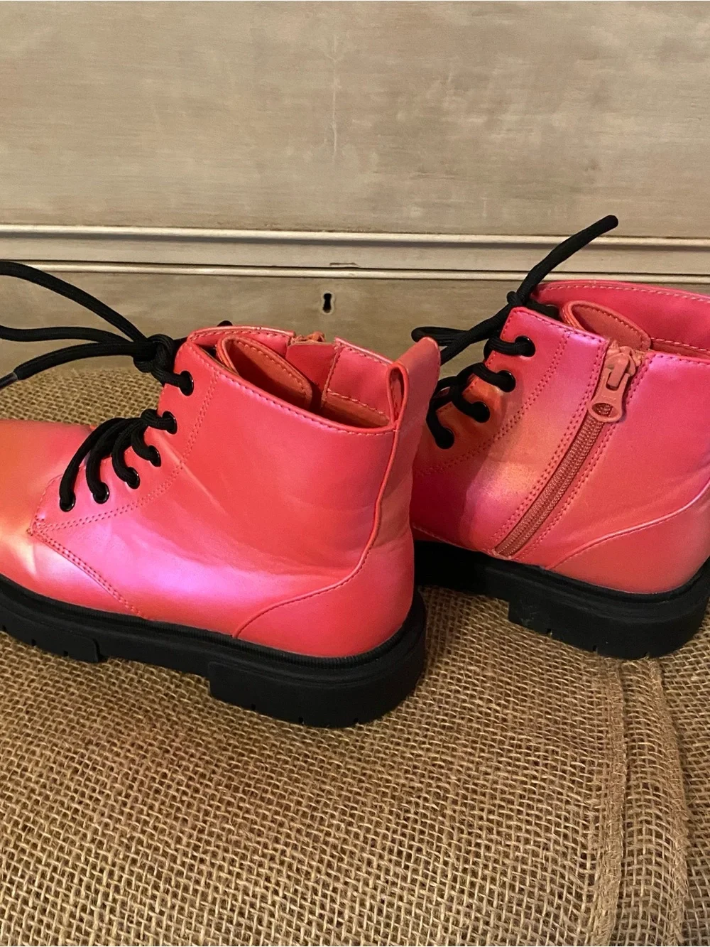 Girls ART CLASS Pink Iridescent Lace Up Zipper Boots Size 3